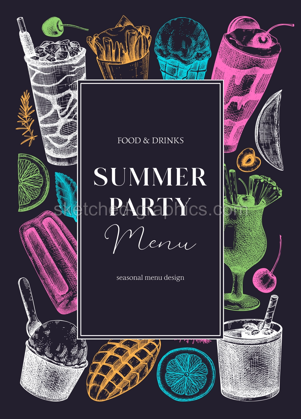 Summer party flyer design. Non-alcoholic beverage, mocktail, ice cream, fruit, cocktail sketches. Hand drawn vector illustration. Summer food and drinks. Tropical background, bar menu, poster design Illustration